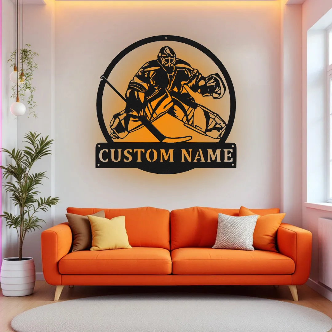Orange Custom Goalie Silhouette Custom hockey goalie silhouette wall hanging in circle frame