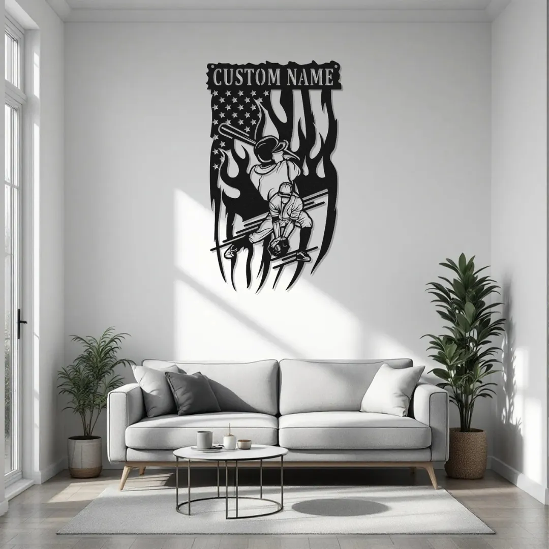 Patriotic Baseball Batter Silhouette Custom patriotic baseball batter wall art with American flag and flames