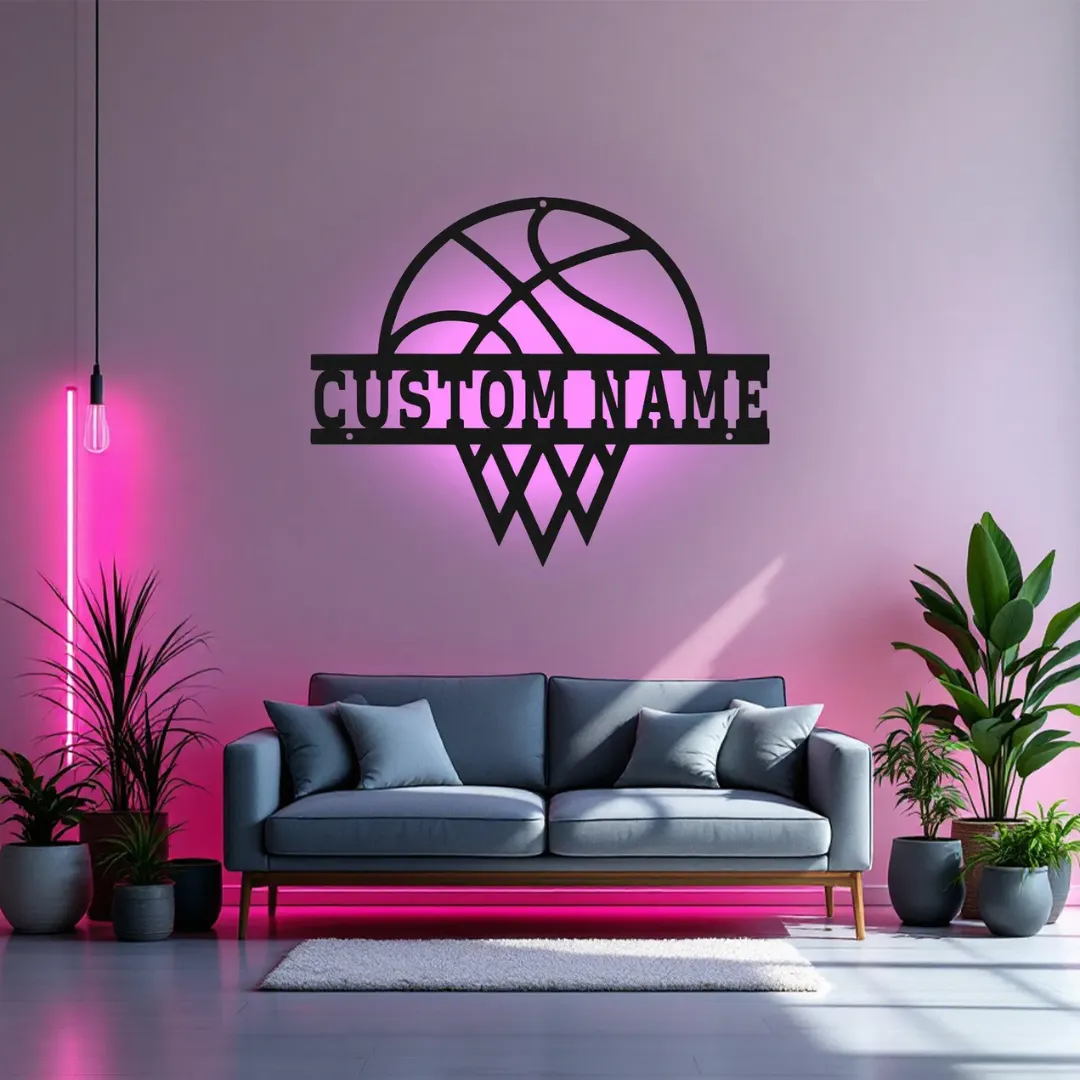 Pink Basketball Hoop Silhouette Basketball net wall art LED and non-LED