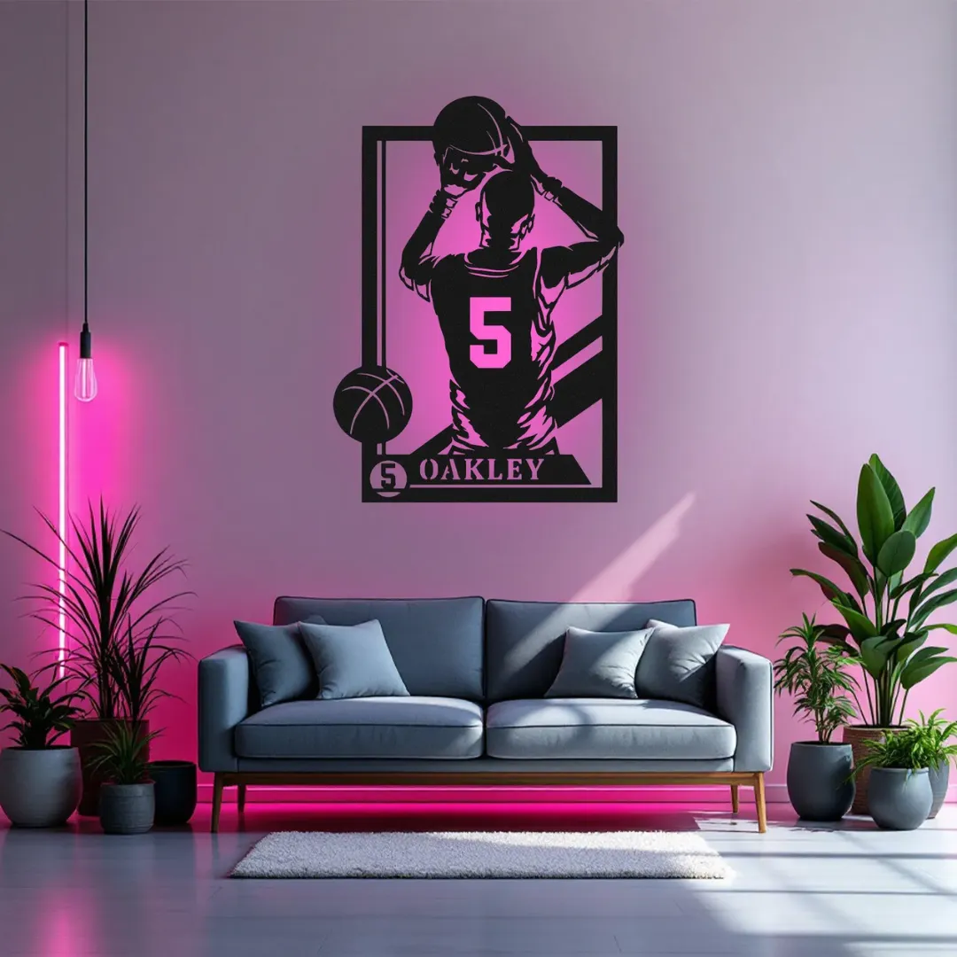 Pink Basketball Player Shooting Silhouette Basketball wall art with name and number customization