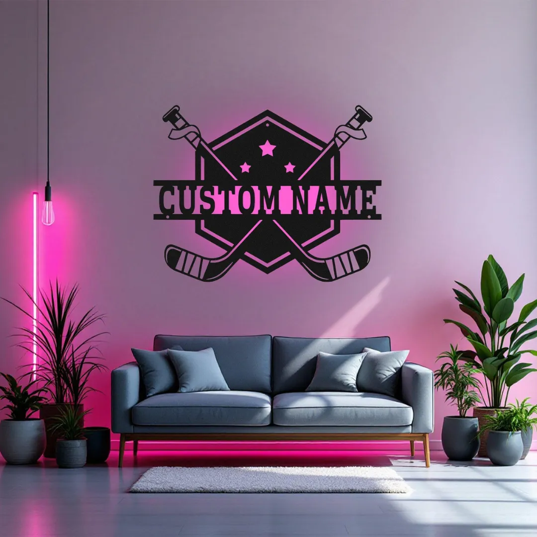 Purple Hockey Shield Silhouette Laser cut hockey shield metal wall hanging LED and non-LED