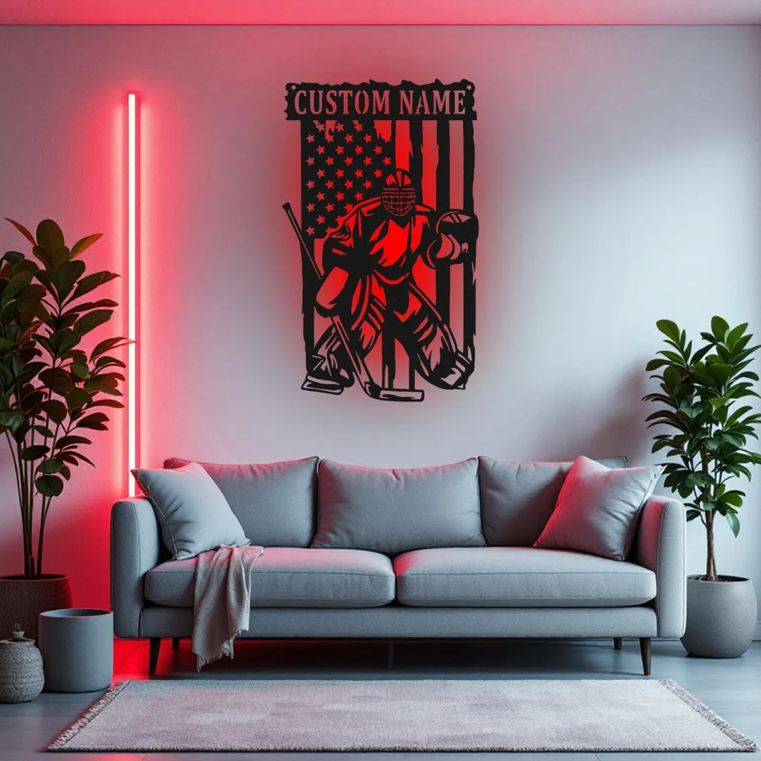 Red American Hockey Goalie Silhouette Custom goalie hockey wall hanging with flag background