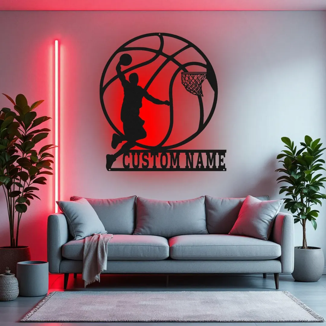 Red Basketball Dunk Silhouette LED basketball dunk wall sign with custom name