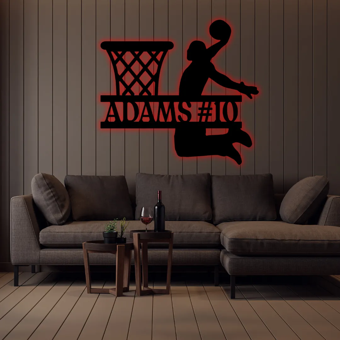 Red Basketball Dunk Silhouette Custom basketball wall hanging with name and jersey number