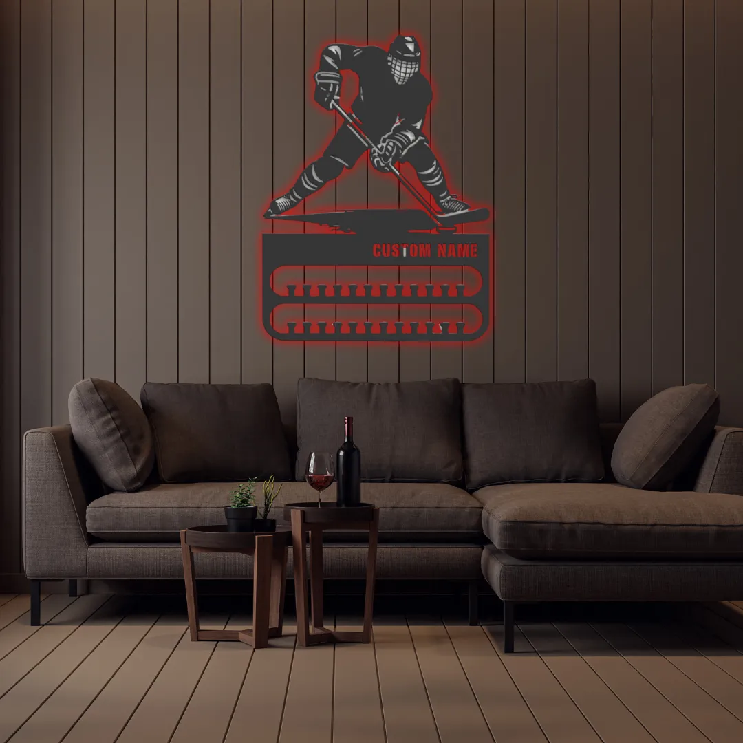 Red Hockey Medal Holder Personalized Silhouette Sports-inspired wall art medal holder in durable black metal