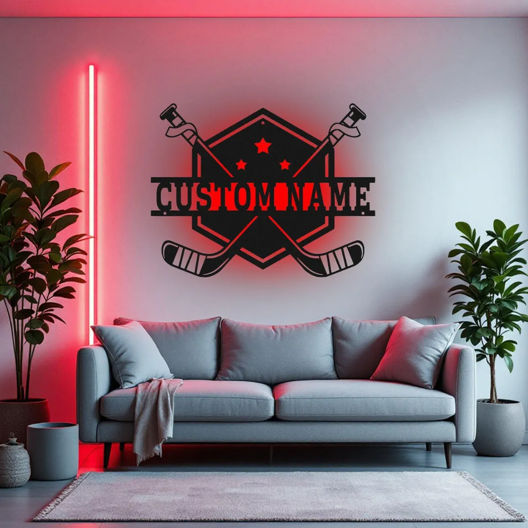 Red Hockey Shield Silhouette Custom hockey shield wall art with sticks and name plate