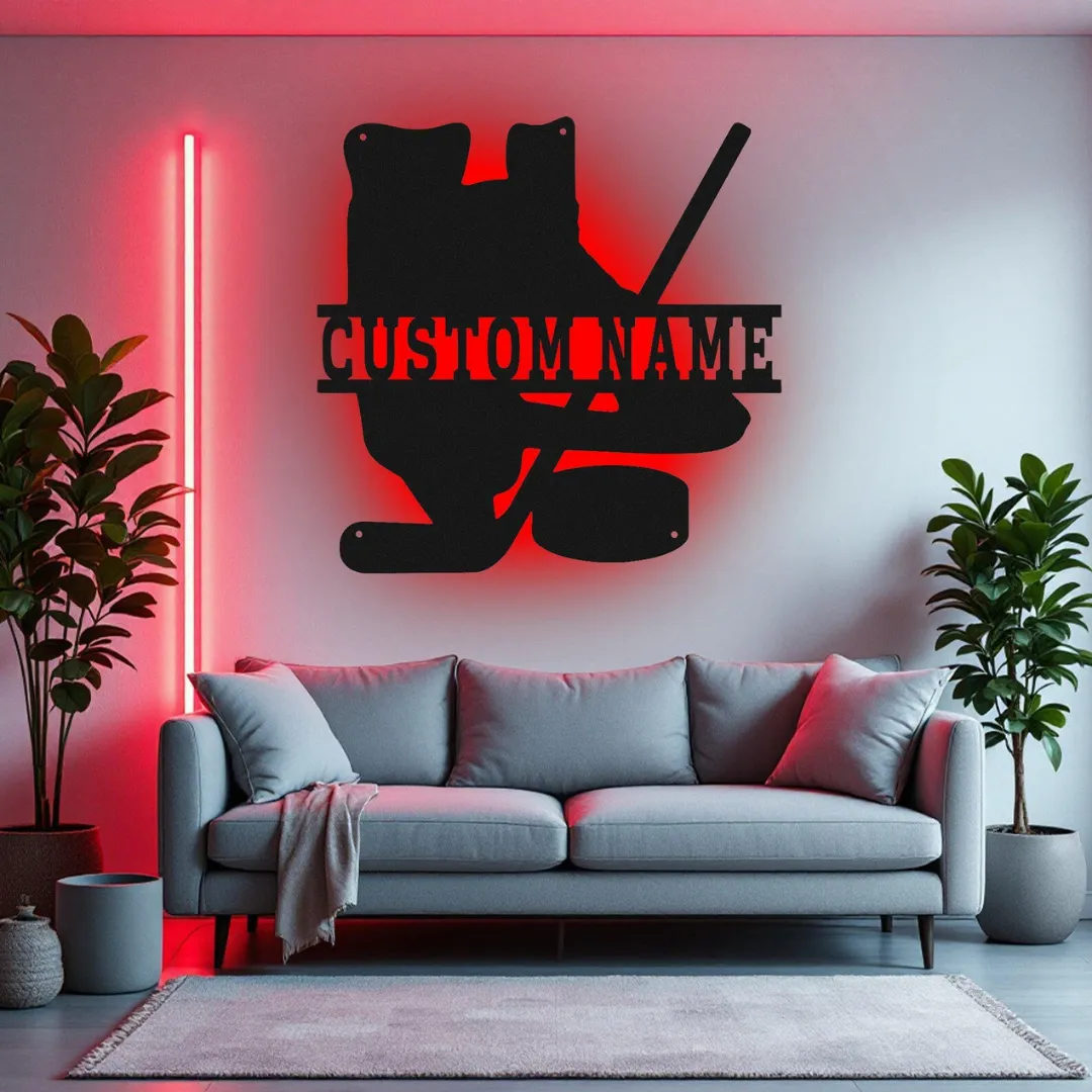 Red Hockey Skates Silhouette Laser cut hockey gear silhouette wall art LED and non-LED