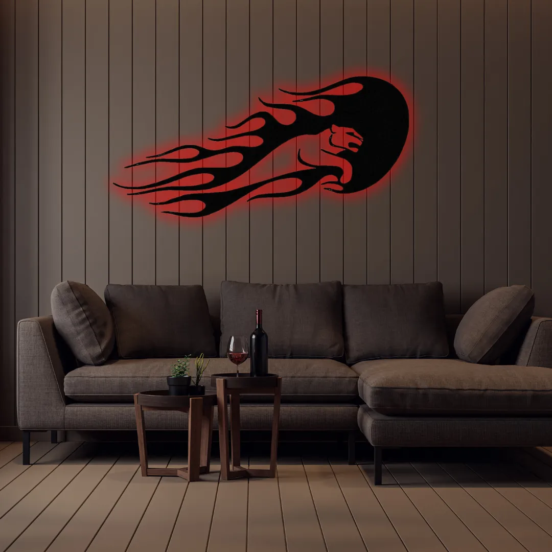 Red Inferno Panther Silhouette Fierce panther and flames metal wall hanging.