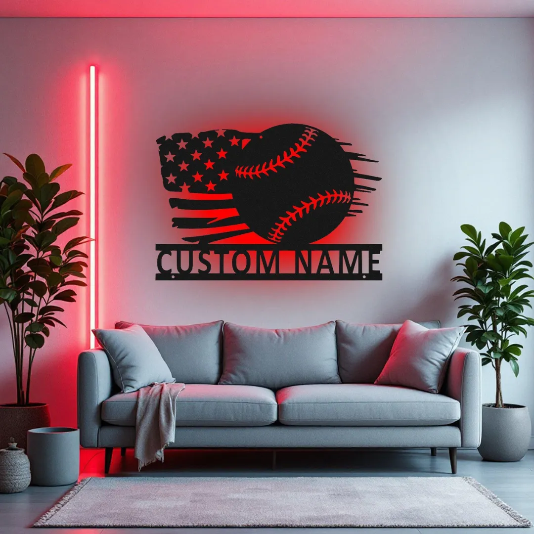Red Patriotic Baseball Silhouette Metal wall art for baseball fans featuring American flag design and custom text