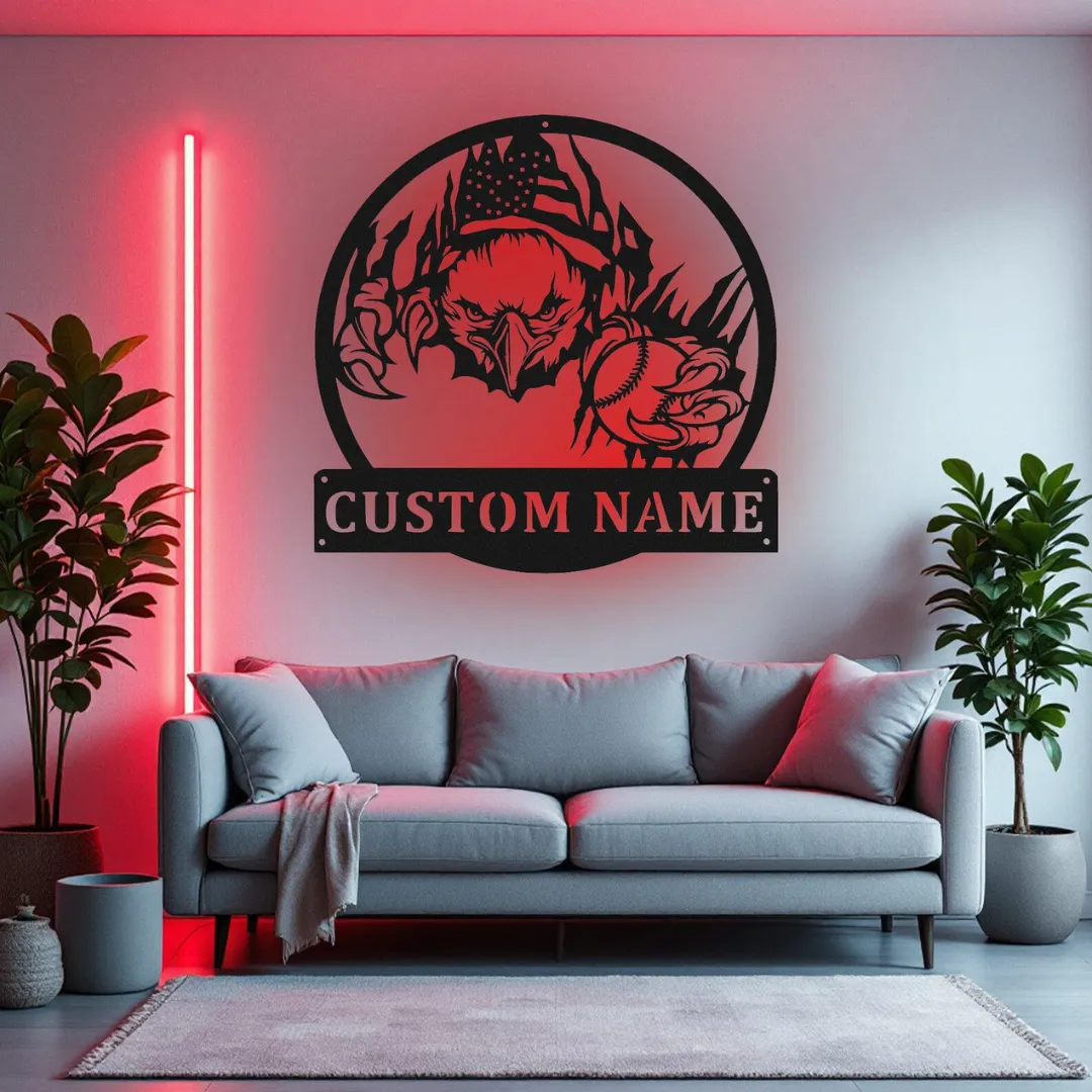 Red Patriotic Eagle Baseball Silhouette LED and non-LED patriotic baseball metal art