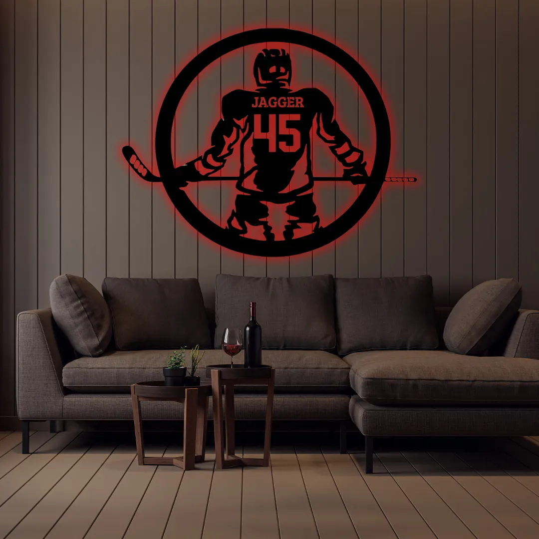 Red Round Hockey Jersey Silhouette Laser cut hockey jersey number wall décor LED and non-LED