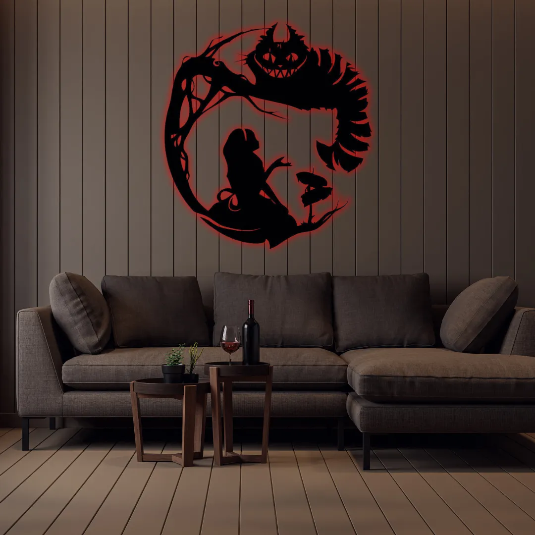 Red Wonderland Silhouette Storybook-style black metal wall art in modern living room.