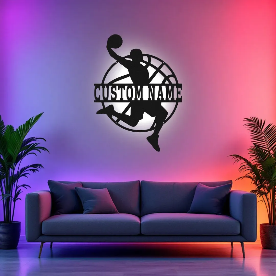 White Basketball Dunk LED Silhouette Personalized basketball dunk wall art LED version
