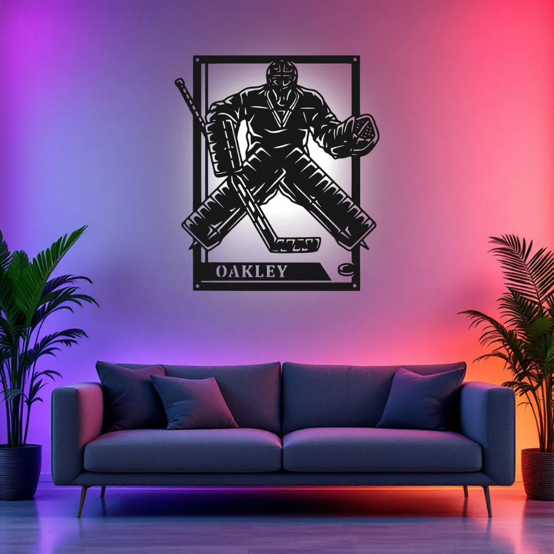 White Goalie Stance Silhouette Custom hockey goalie wall art with name at bottom