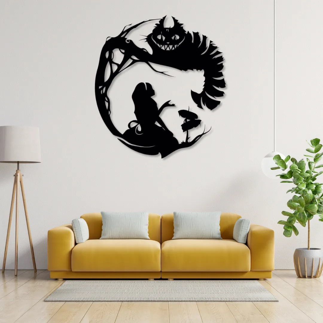 Wonderland Silhouette Wonderland-inspired silhouette metal wall art above yellow sofa.
