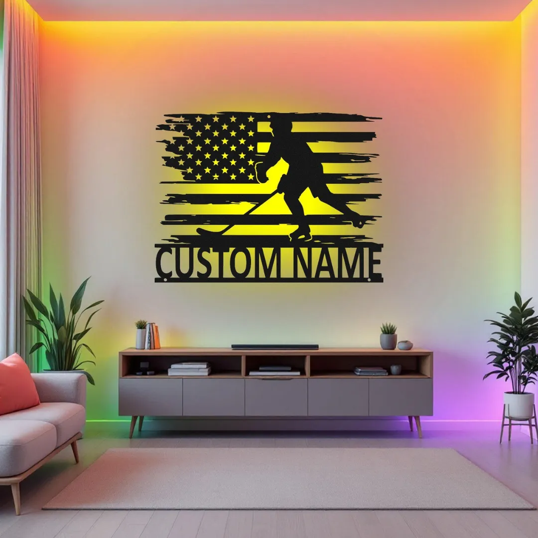 Yellow American Flag Hockey Silhouette Custom hockey player and flag metal wall hanging