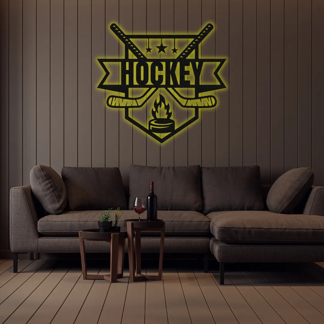 Yellow Hockey Crest Silhouette Laser cut hockey crest wall hanging with puck and sticks