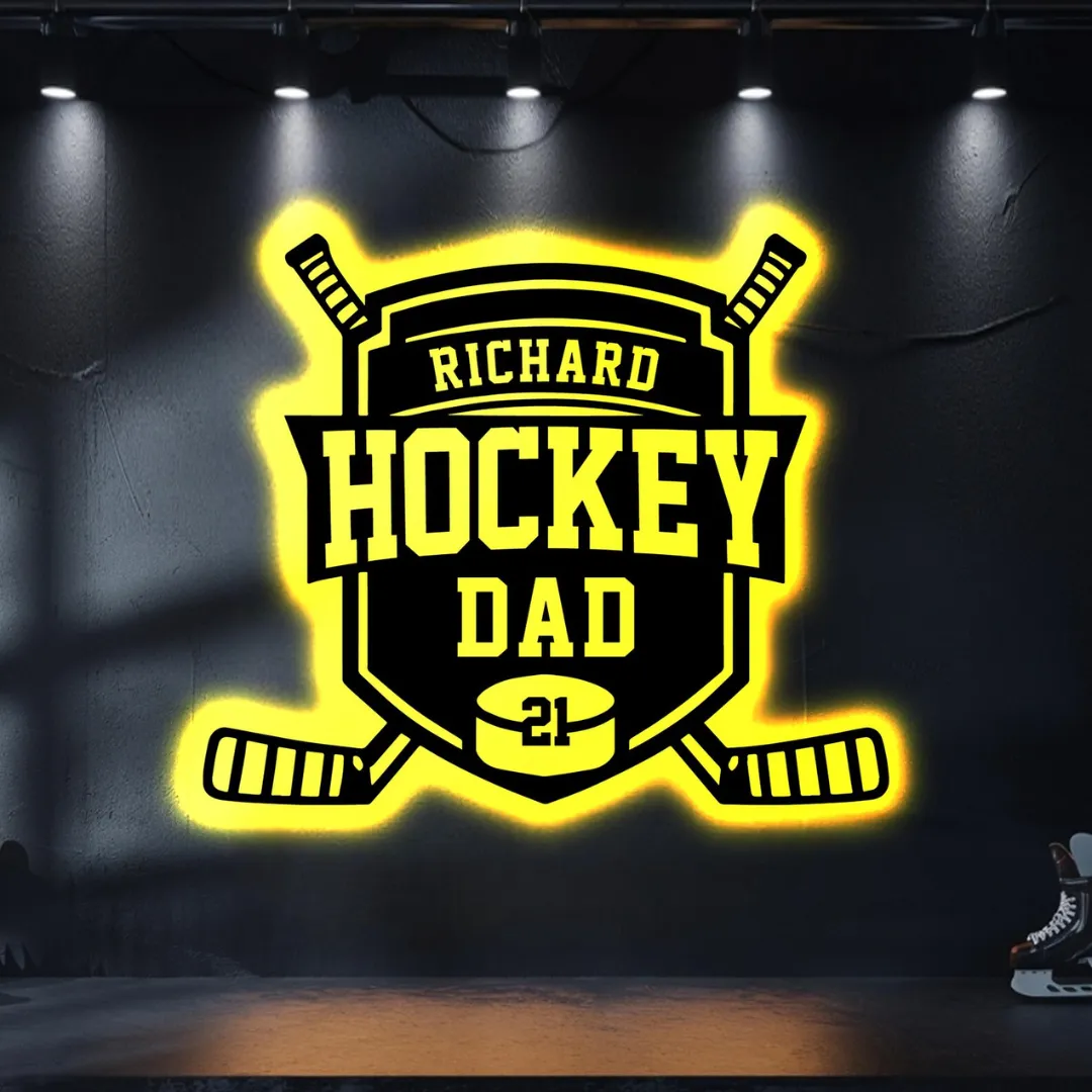 Yellow Hockey Dad Silhouette Custom hockey dad gift metal wall art shield design