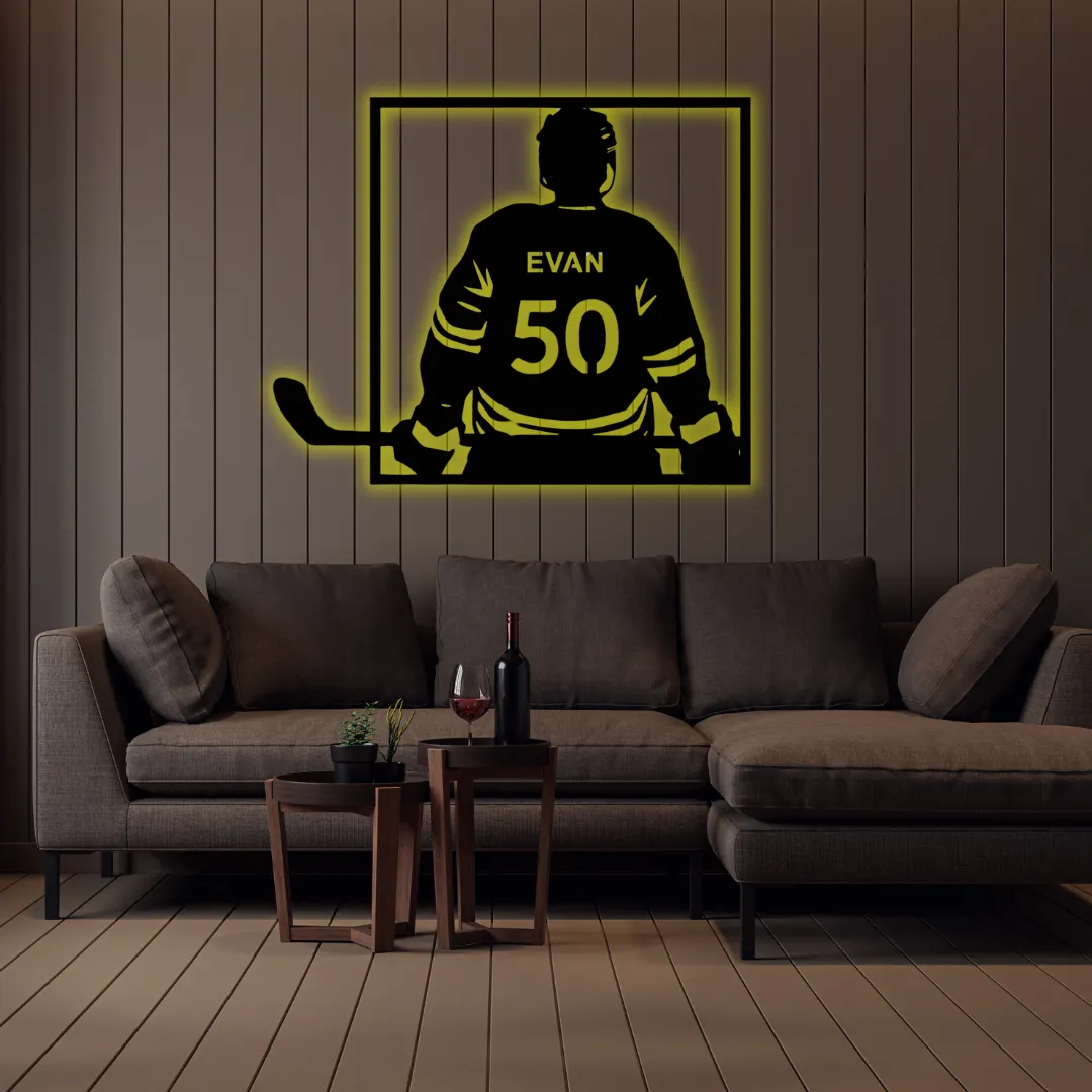 Yellow Hockey Jersey Back Custom Silhouette CNC Laser cut hockey player silhouette metal wall hanging