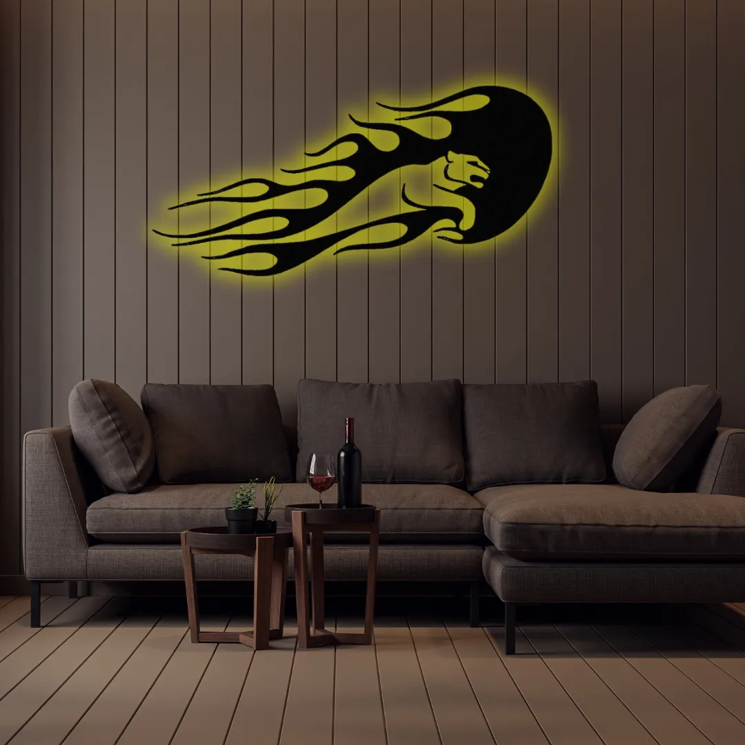 Yellow Inferno Panther Silhouette Yellow Fierce panther and flames metal wall hanging.