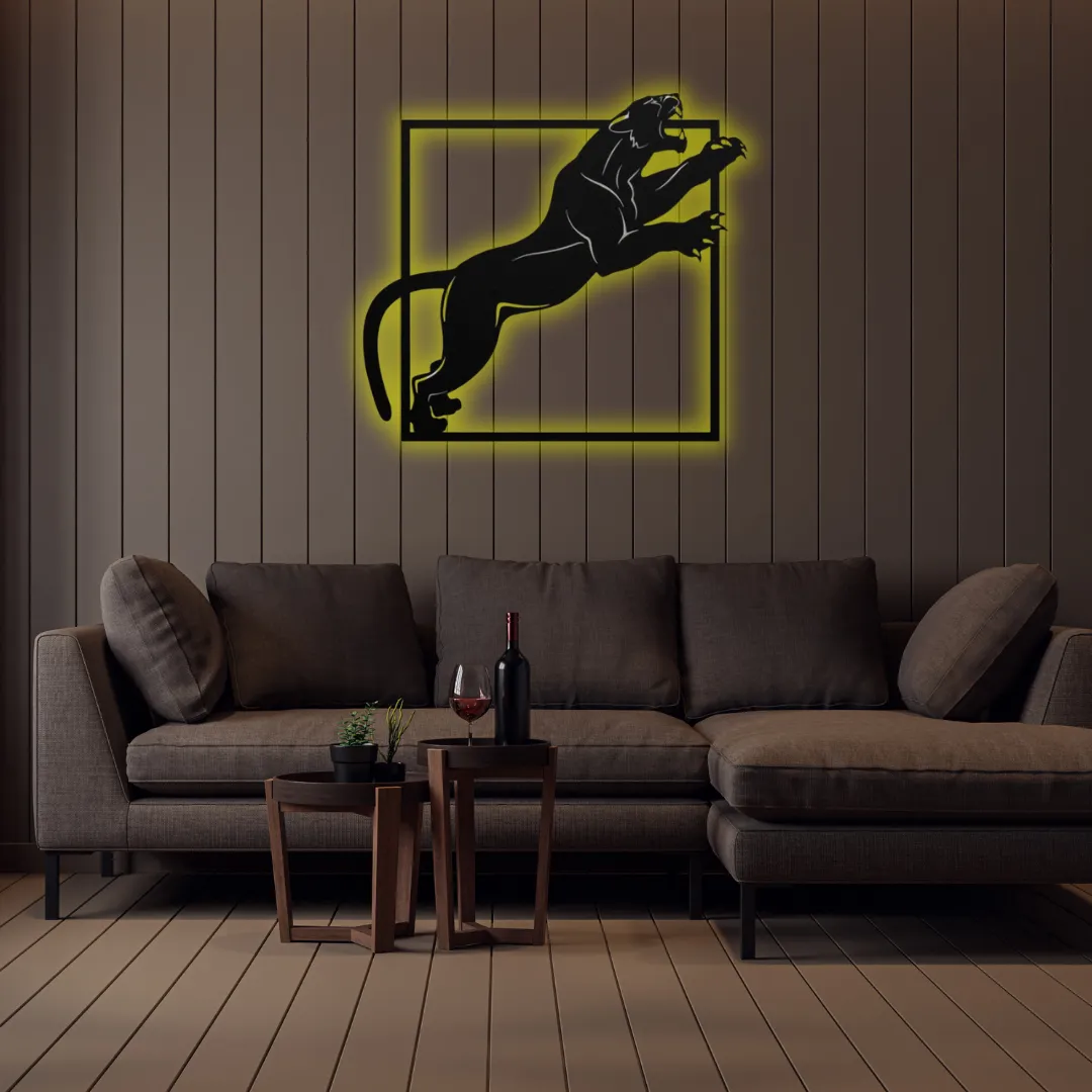 Yellow Midnight Panther Silhouette Yellow Panther metal wall art accent for industrial or modern spaces.
