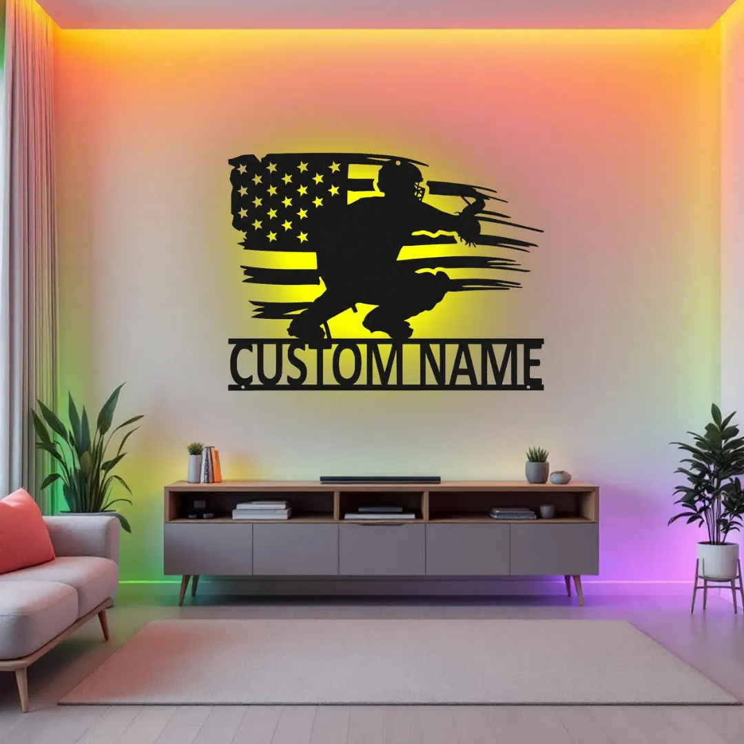 Yellow Patriotic Baseball Catcher Silhouette Custom baseball catcher metal wall art with American flag