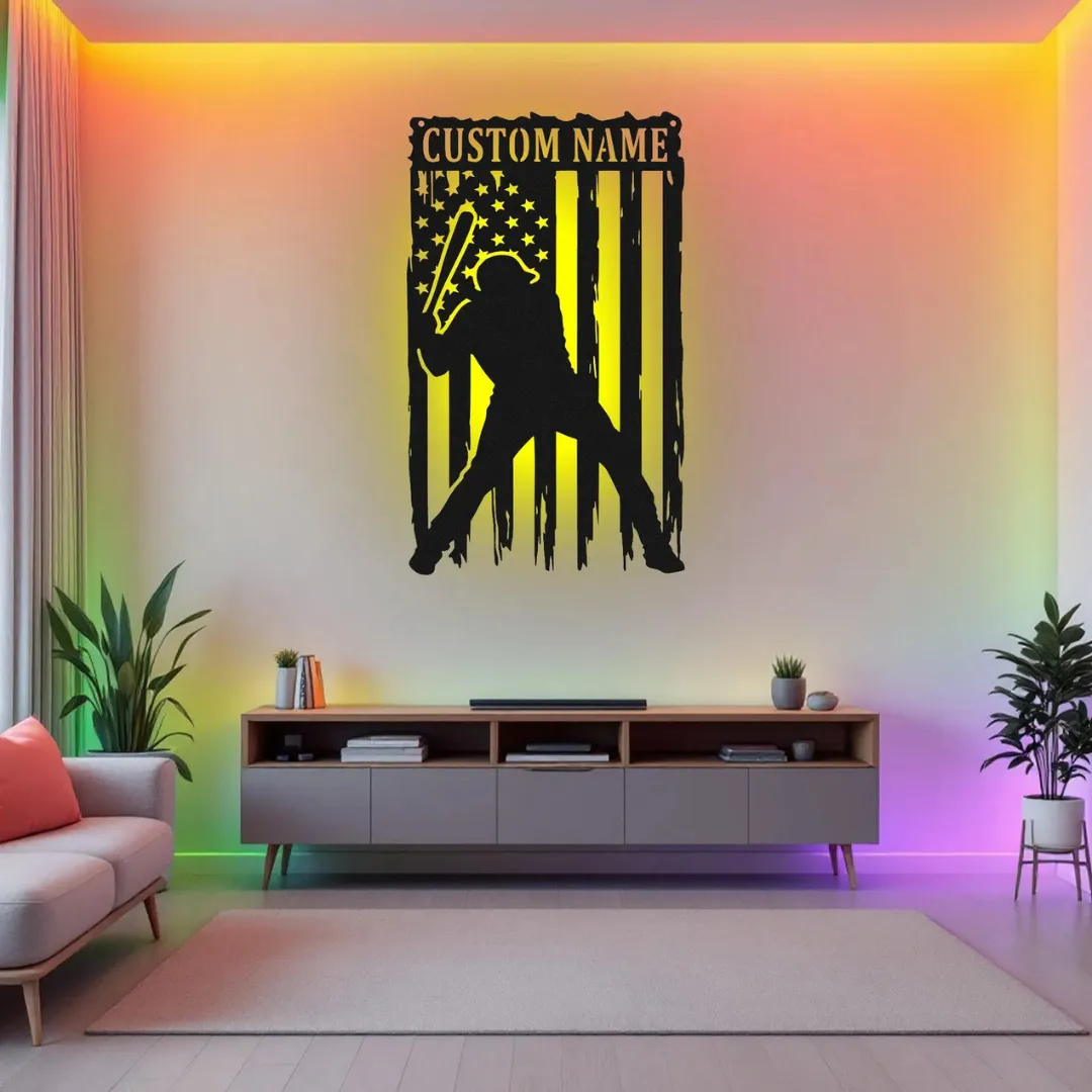 Yellow Patriotic Baseball Player Silhouette Baseball player silhouette patriotic custom wall decoration