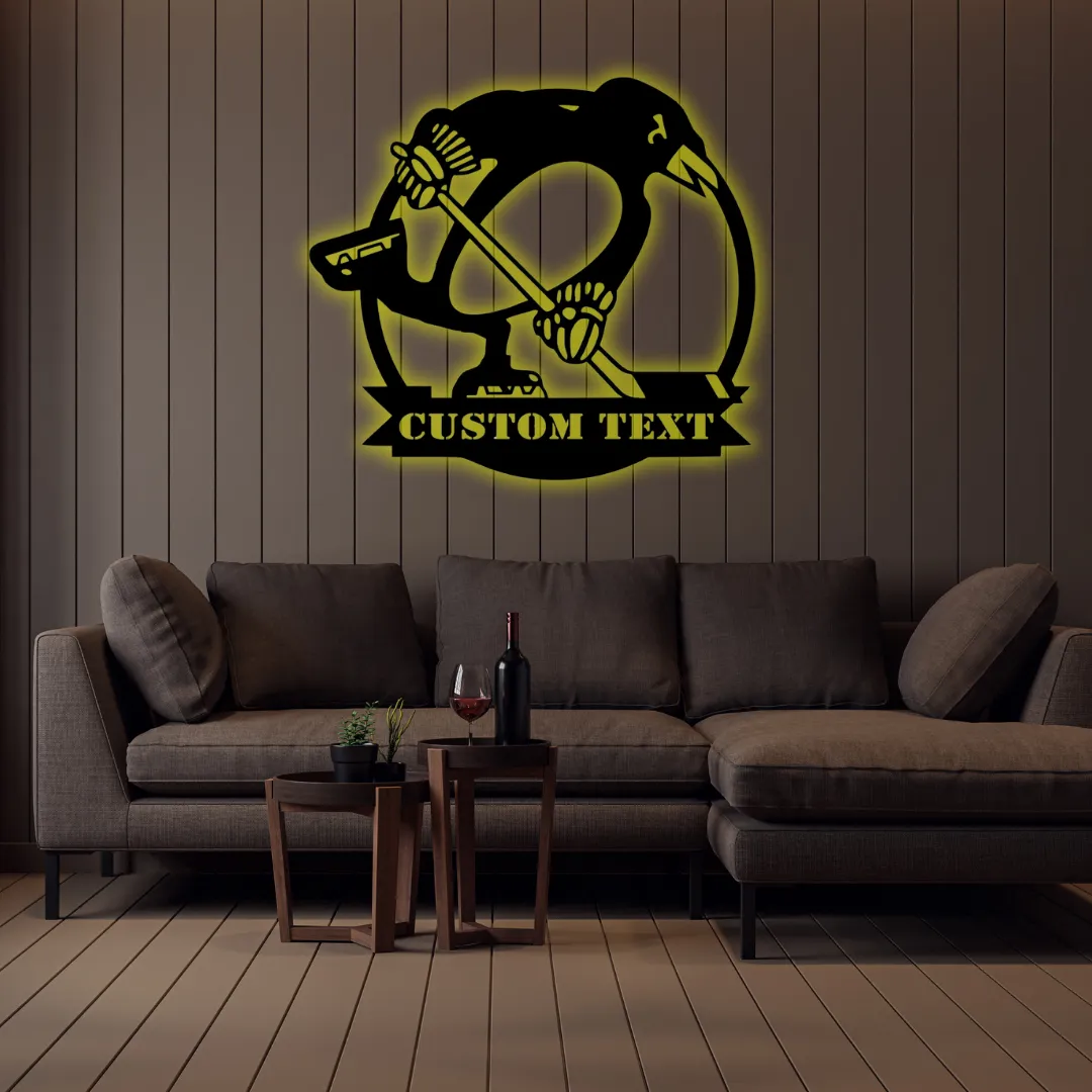 Yellow Penguin Hockey Silhouette Yellow Custom penguin hockey metal wall hanging with name text
