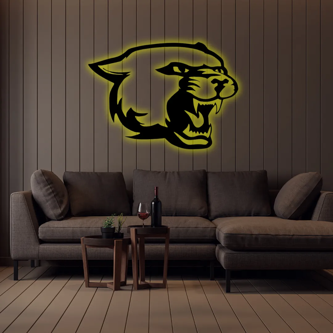 Yellow Wild Roar Silhouette Yellow Wildcat head wall art in contemporary home setting.