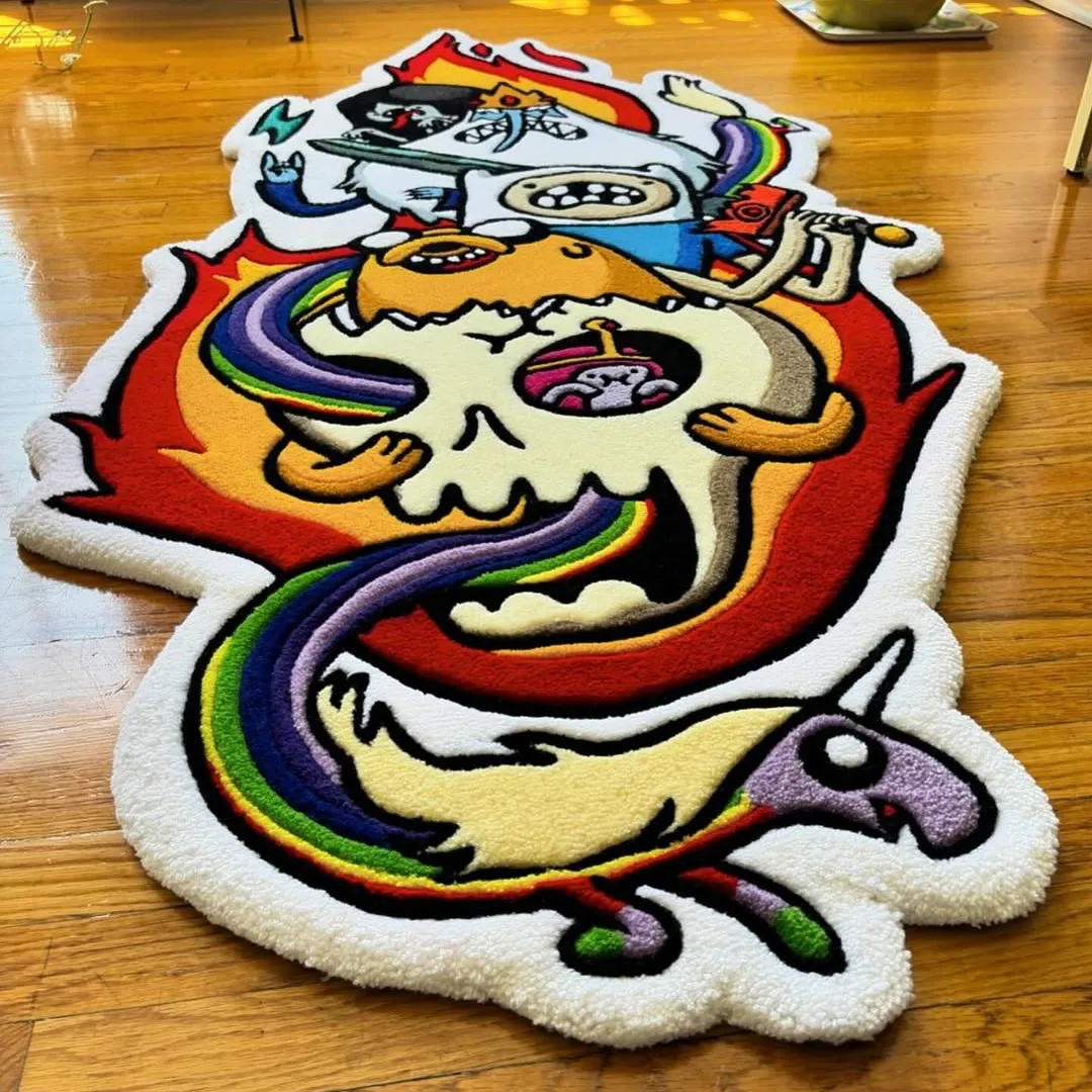 Cosmic Blaze Inked Rug Colorful Cosmic Blaze Rug with flame patterns, animated characters, and bold cosmic artwork