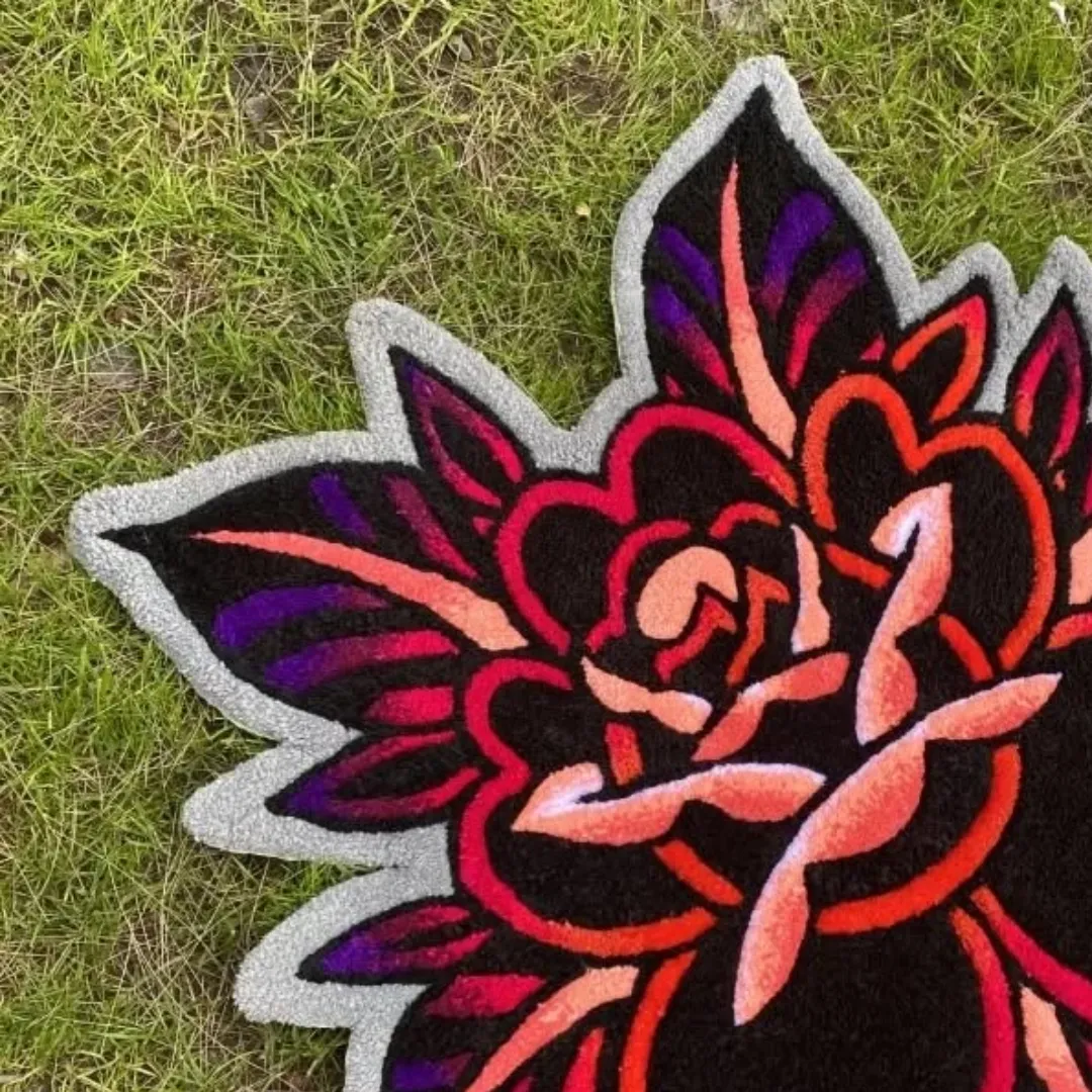 Crimson Bloom Inked Rug Bold Crimson Bloom Rug with fiery red petals and artistic flower pattern – hand-tufted wool rug