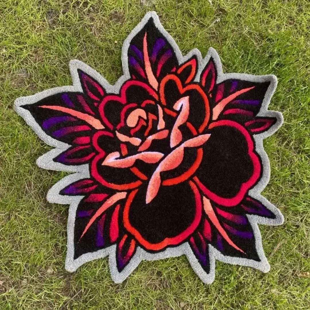 Crimson Bloom Rug Crimson Bloom Rug featuring vibrant red and pink floral design with black background – handmade tufted rug by Sneagear