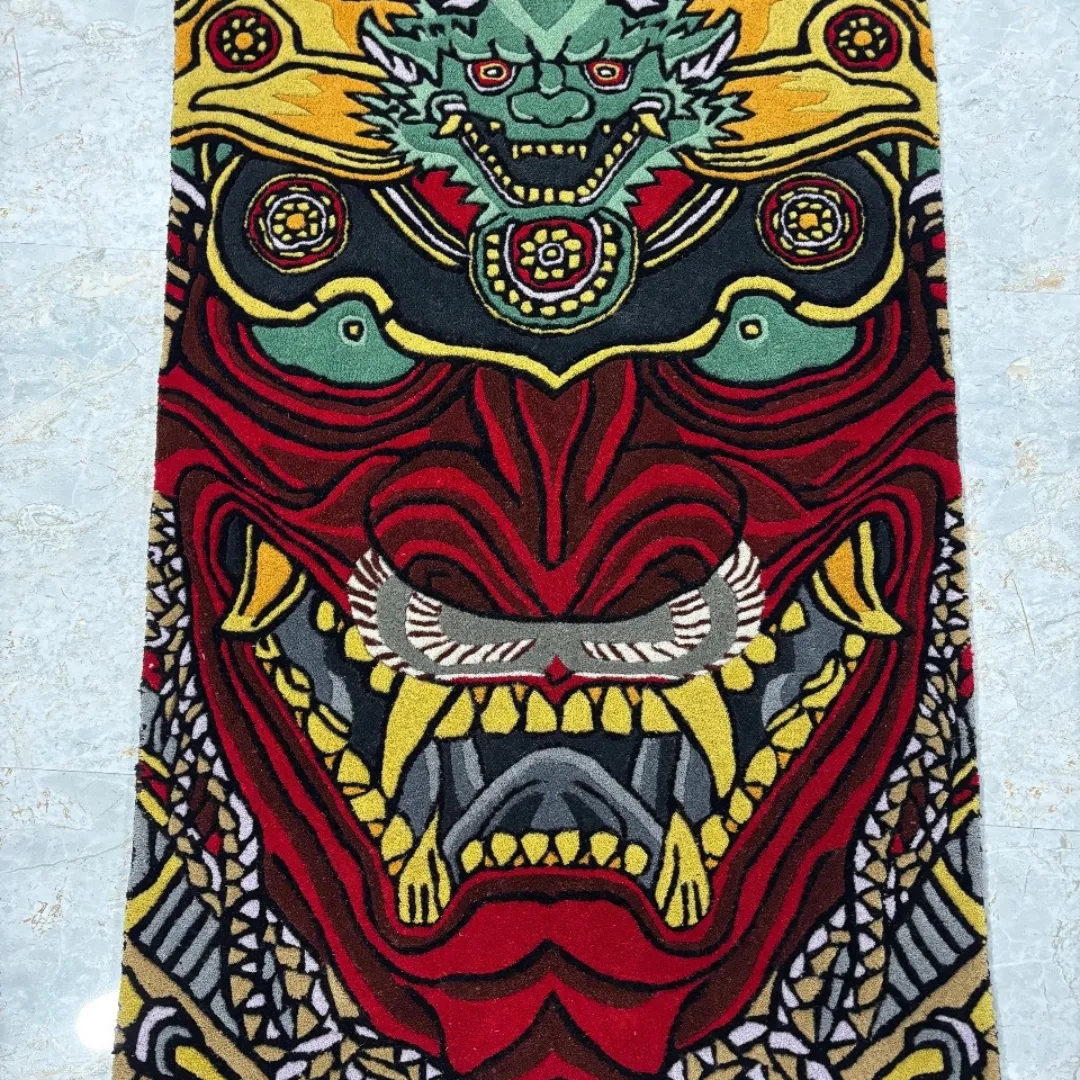Drakona Inferno Inked Rug Vibrant Drakona Inferno Rug with mythical dragon and Oni-inspired artwork in red, gold, and teal tones