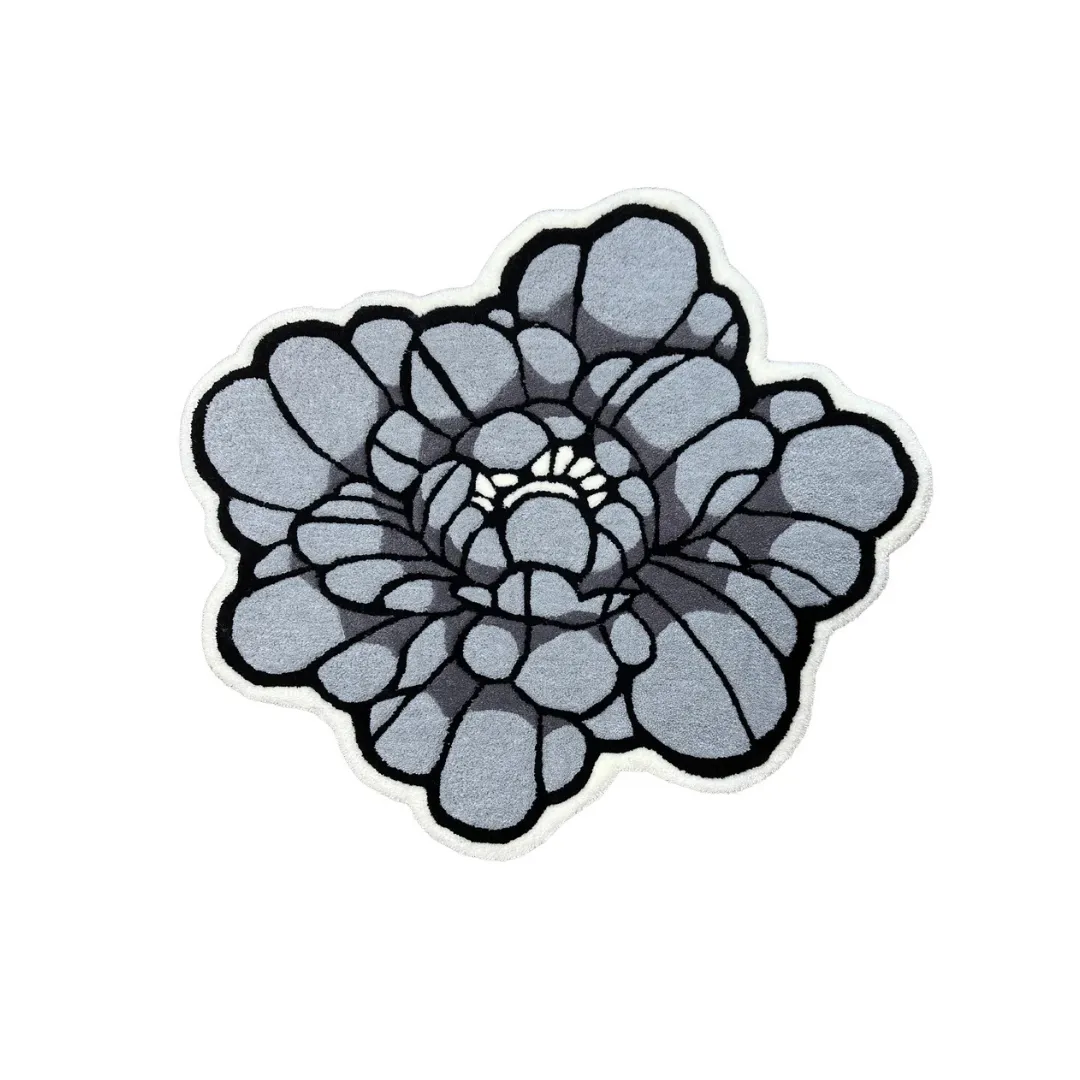 Lunar Bloom Rug Lunar Bloom Rug featuring soft gray floral pattern with bold black outlines – handmade tufted rug by Sneagear
