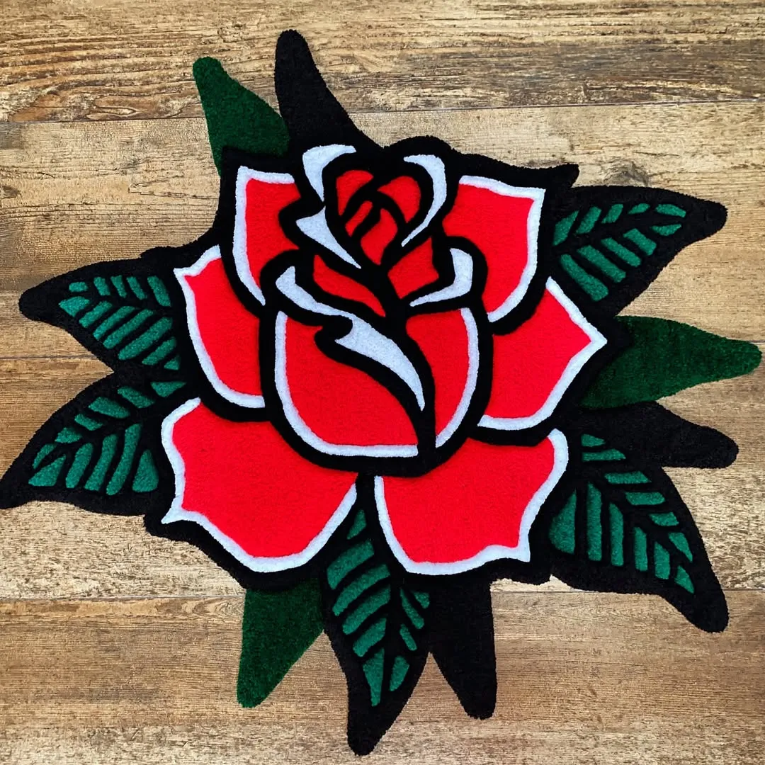 Nocturne Bloom Tattoo Rug Nocturne Bloom Tattoo Rug featuring bold red rose design with green leaves – handmade tufted rug by Sneagear