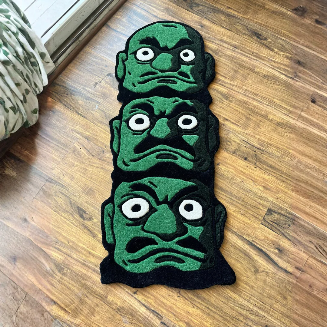 Oni Rug Oni Trinity Rug showcasing Japanese mask art with three expressive faces – modern gothic area rug