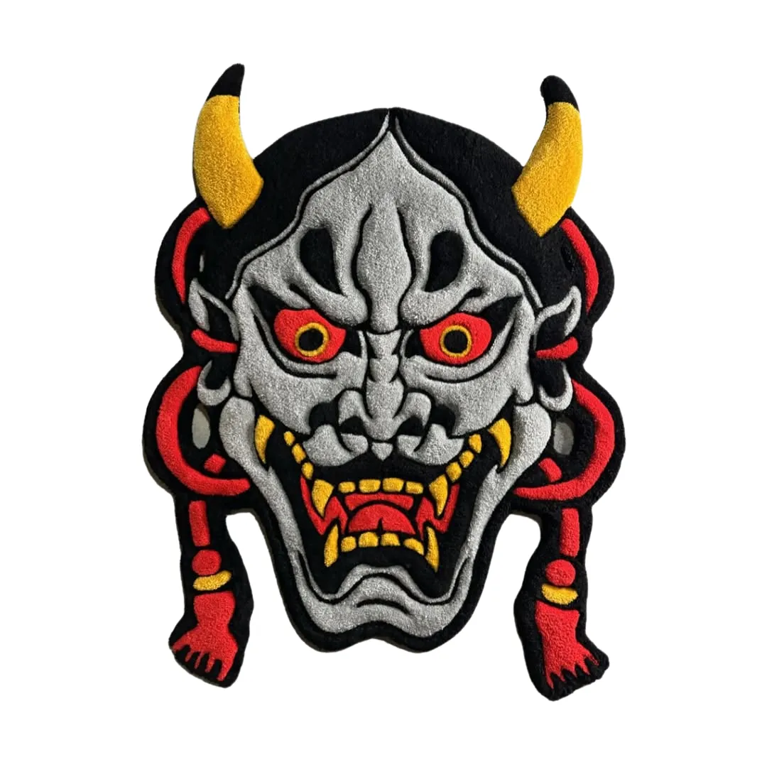 Shadow Oni Rug Shadow Oni Rug featuring gray demon mask with yellow horns and red accents – handmade tufted rug by Sneagear
