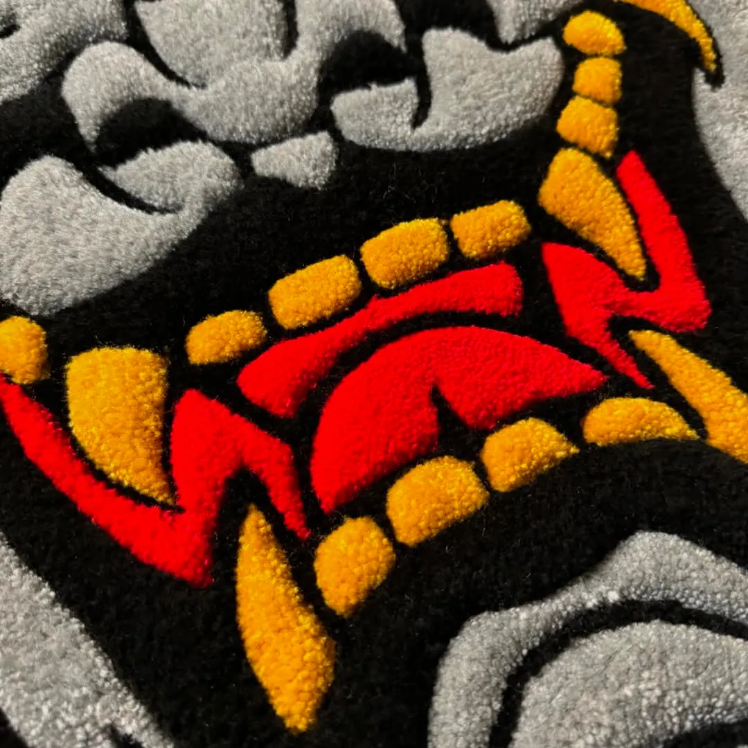 Shadow Oni Tattoo Rug Bold Shadow Oni Rug showcasing menacing demon face with intricate horn and rope design