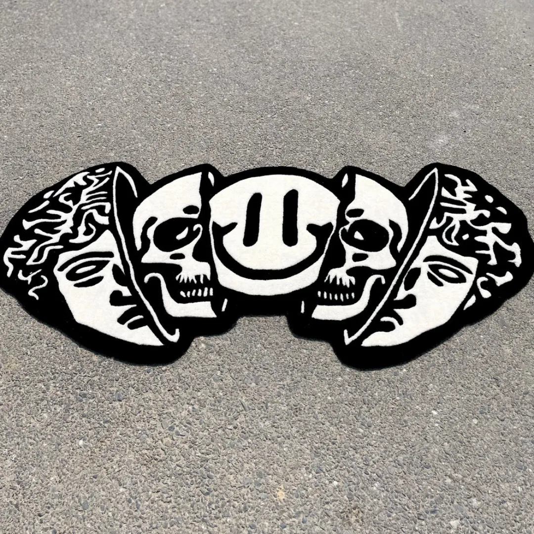 Twin Reaper Rug Twin Reaper Rug featuring black and white skull and smiley face design – handmade tufted rug by Sneagear