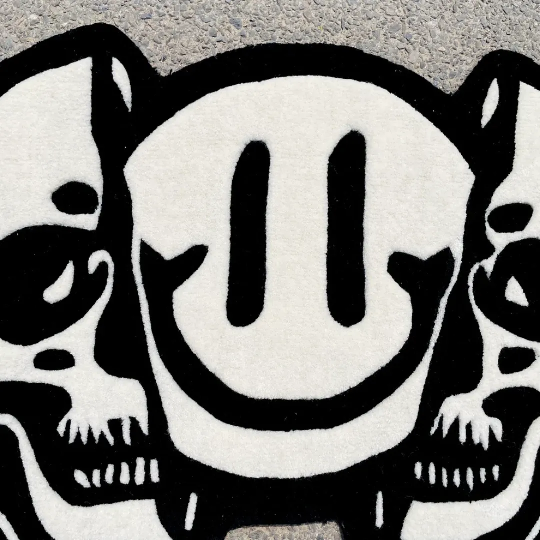 Twin Rug Modern art rug with abstract skull and smiley face blend – Twin Reaper hand-tufted rug for edgy interiors