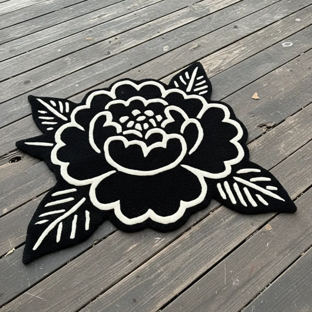 Bloom Tattoo Rug Midnight Bloom Rug featuring bold black and white flower design – hand-tufted inked rug by Sneagear