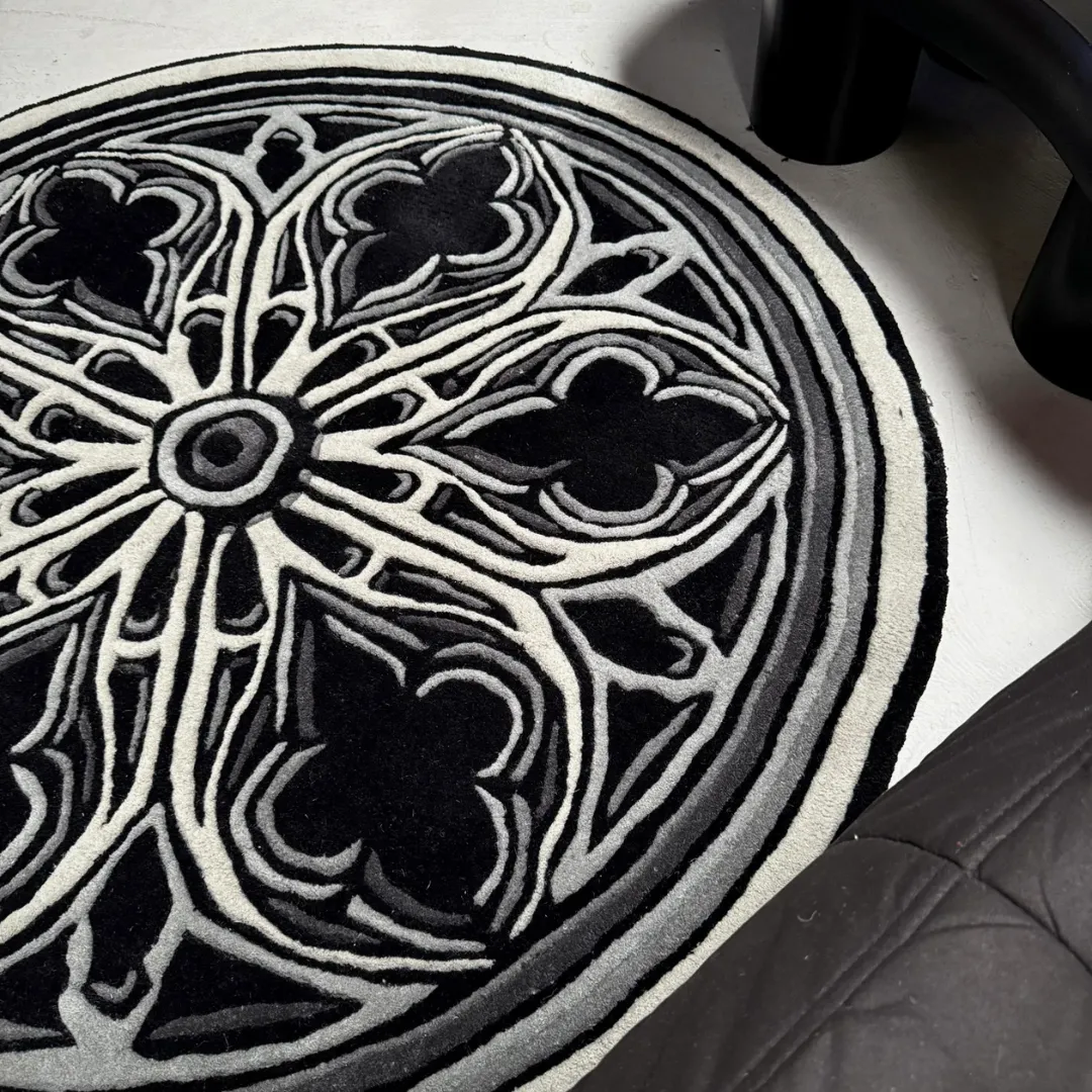 Eclipse Halo Inked Rug Round gothic rug with intricate mandala-inspired design in monochrome tones – Eclipse Halo Rug