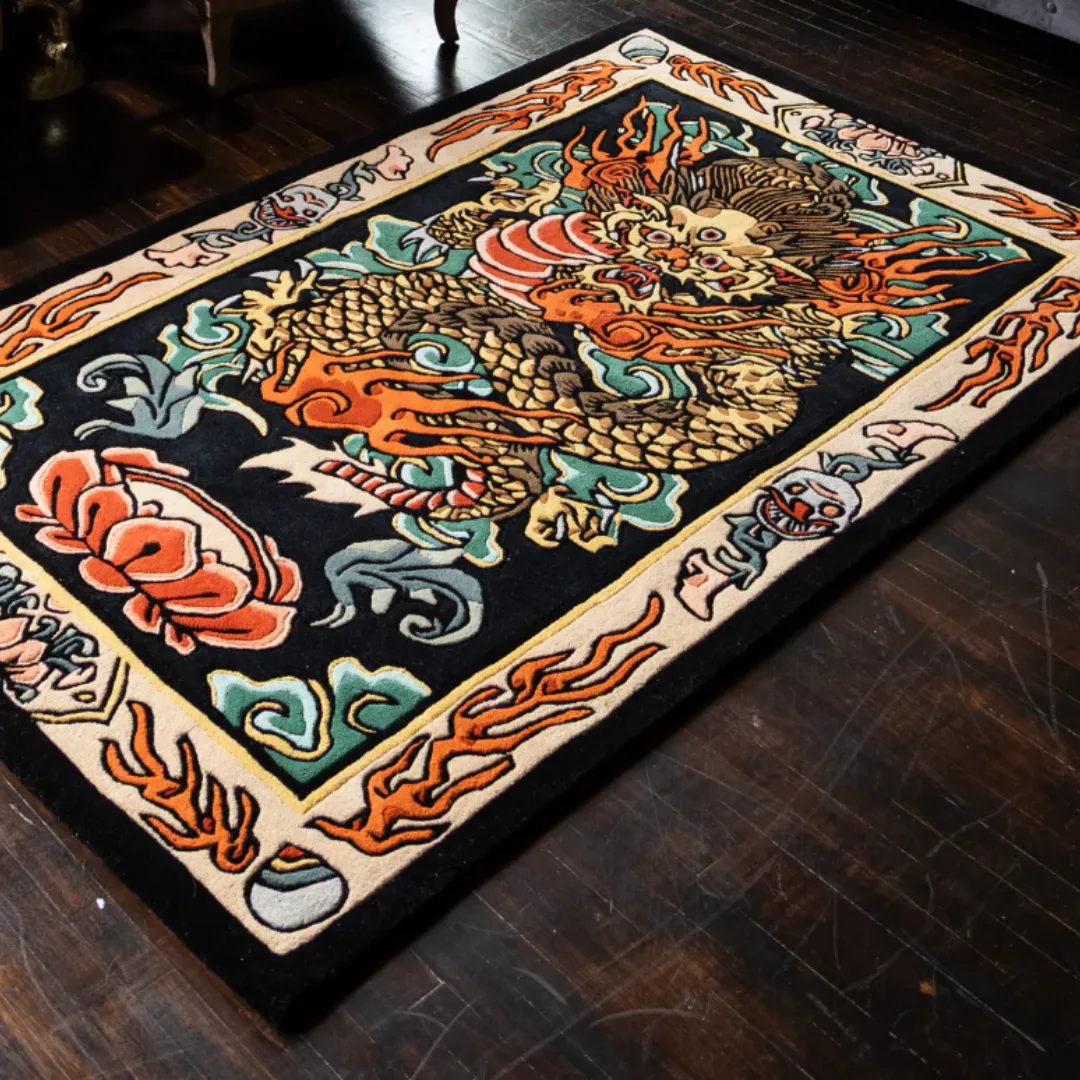 Fireborne Spirit Tattoo Rug Fireborne Spirit Tattoo Rug featuring hand-tufted dragon and flame design – luxury wool rug by Sneagear