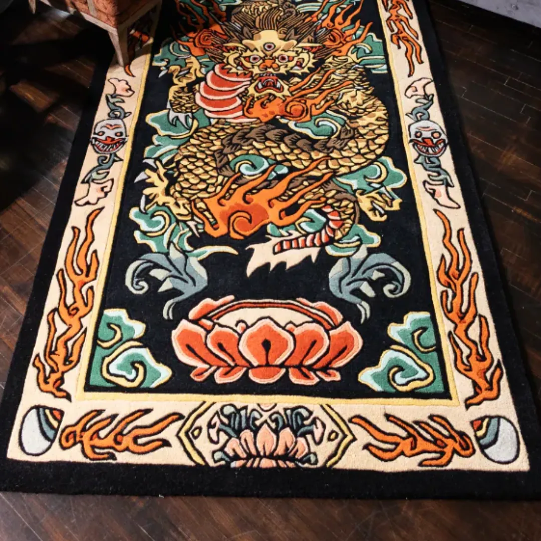 Fireborne Tattoo Rug Handmade dragon tattoo rug with intricate fire and lotus detailing – Fireborne Spirit Rug