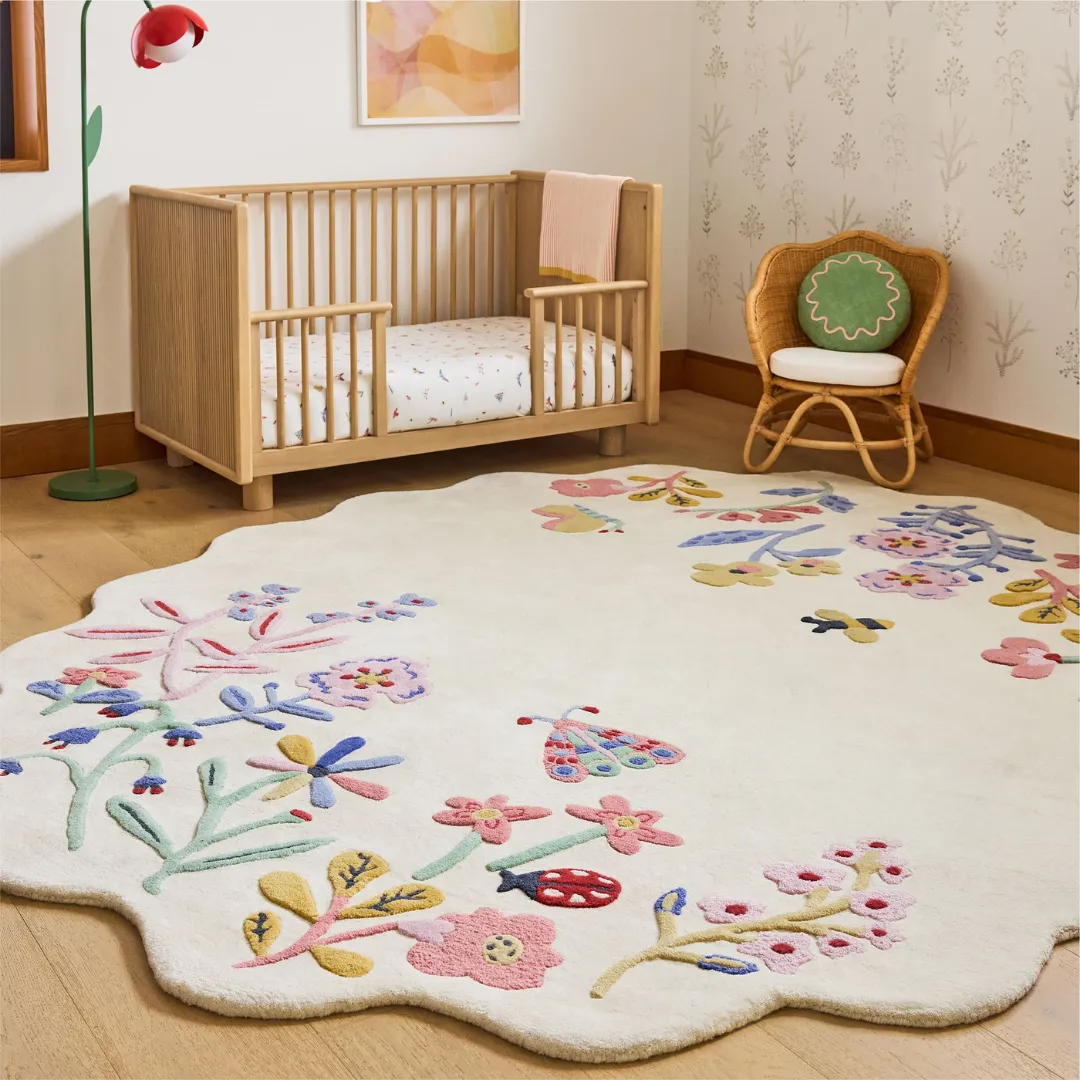 Honey Lull Meadow Area Rug Hand-tufted Honey Lull Meadow Rug with scalloped edges and colorful meadow flowers