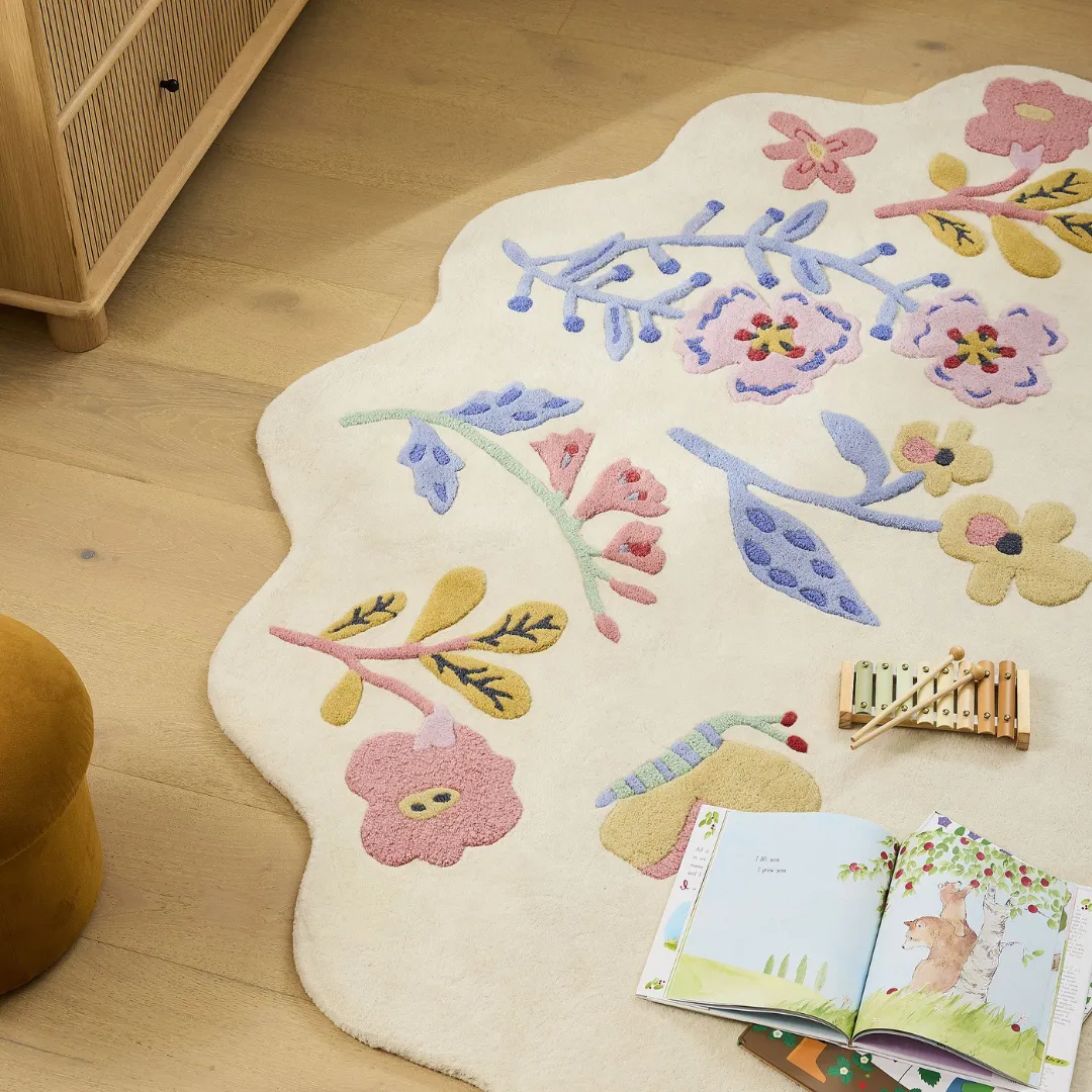 Honey Lull Rug Pastel flower meadow rug with butterflies and bees – Honey Lull handmade wool area rug
