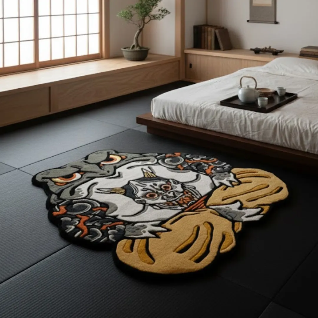 Kaeru Ronin Inked Rug Japanese Kaeru Ronin Rug placed in a minimalist bedroom, detailed frog warrior design with bold tattoo-style artwork.
