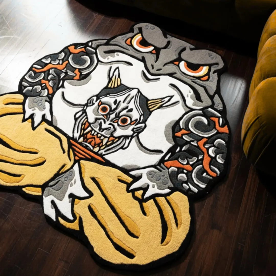 Kaeru Ronin Rug Close-up of Kaeru Ronin Rug featuring a fierce frog warrior and oni mask design in vibrant handcrafted tufting.