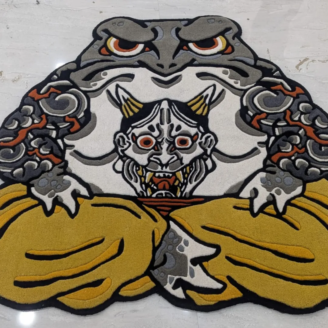 Kaeru Ronin Tattoo Rug Hand-tufted Kaeru Ronin Tattoo Rug showcasing Japanese oni mask art and bold frog warrior detailing.