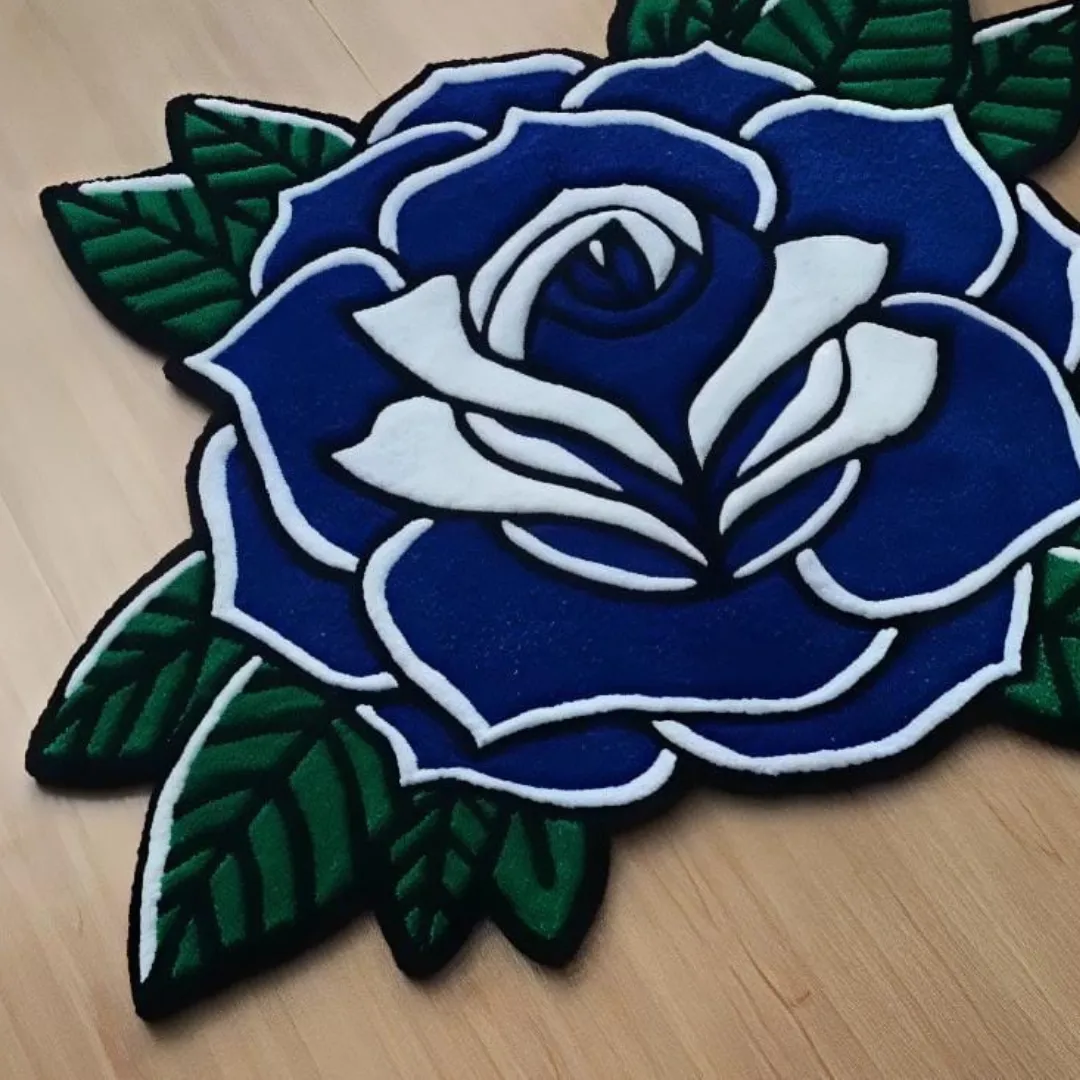 Luna Rose Inked Rug Handmade Luna Rose Rug with deep blue petals and green leaves – modern floral tufted rug